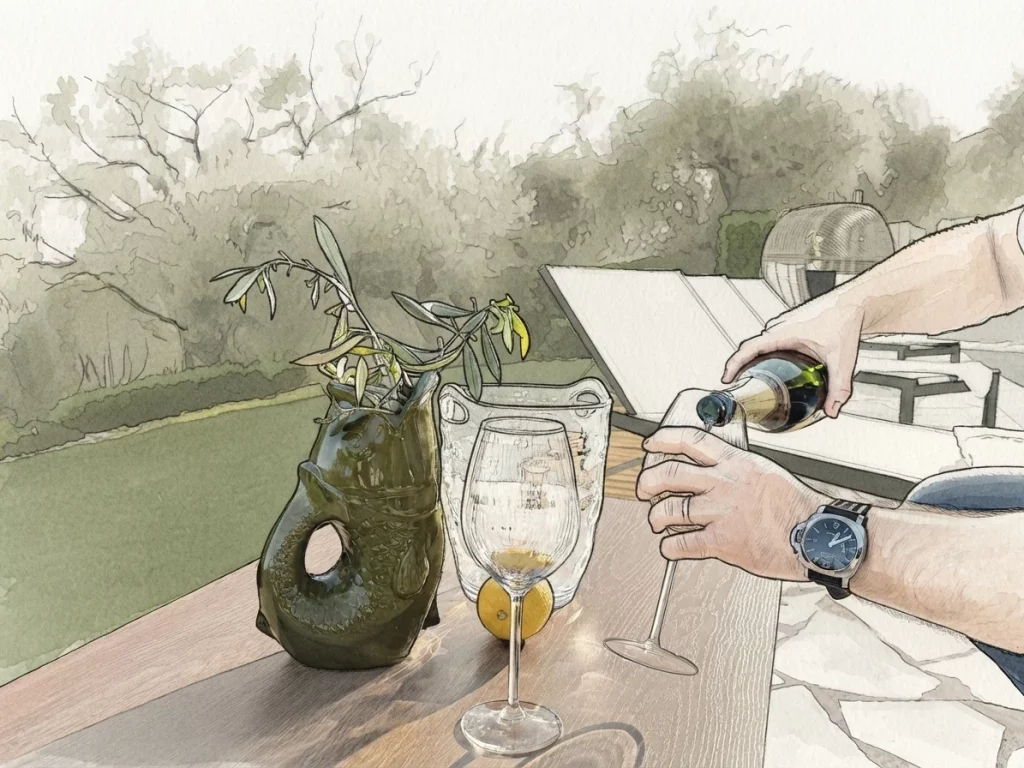 Aquarelle : Eric verse du champagne sur la terrasse de la Villa Plen Souleù à Cabris, face à l'oliveraie.