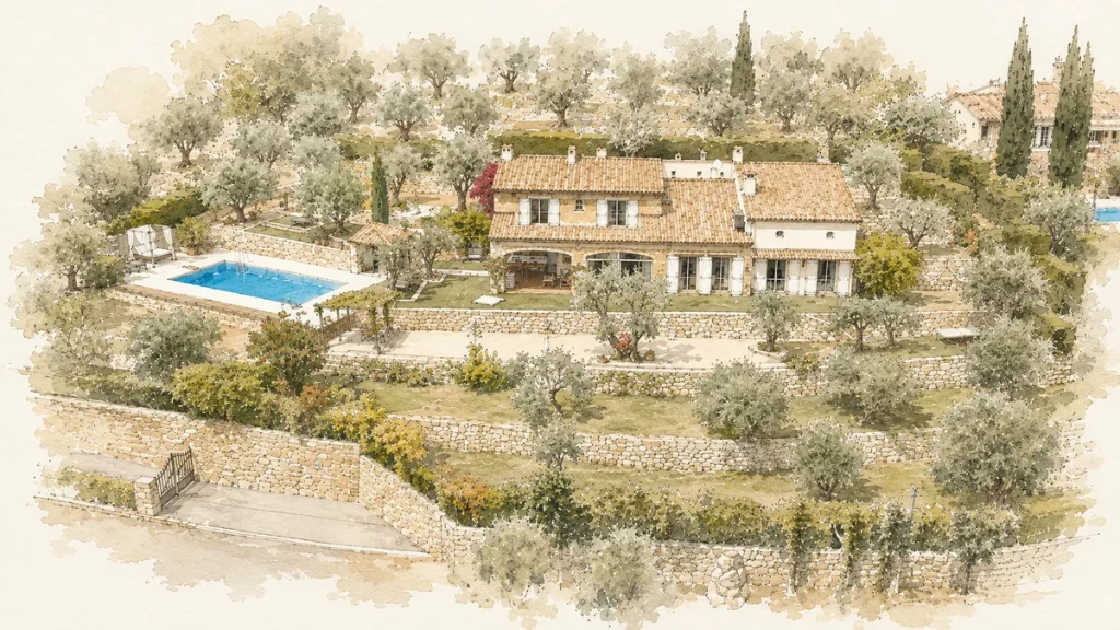 Aquarelle : Vue aérienne de la Villa Plen Souleù à Cabris, avec piscine, terrain de pétanque et oliviers centenaires.