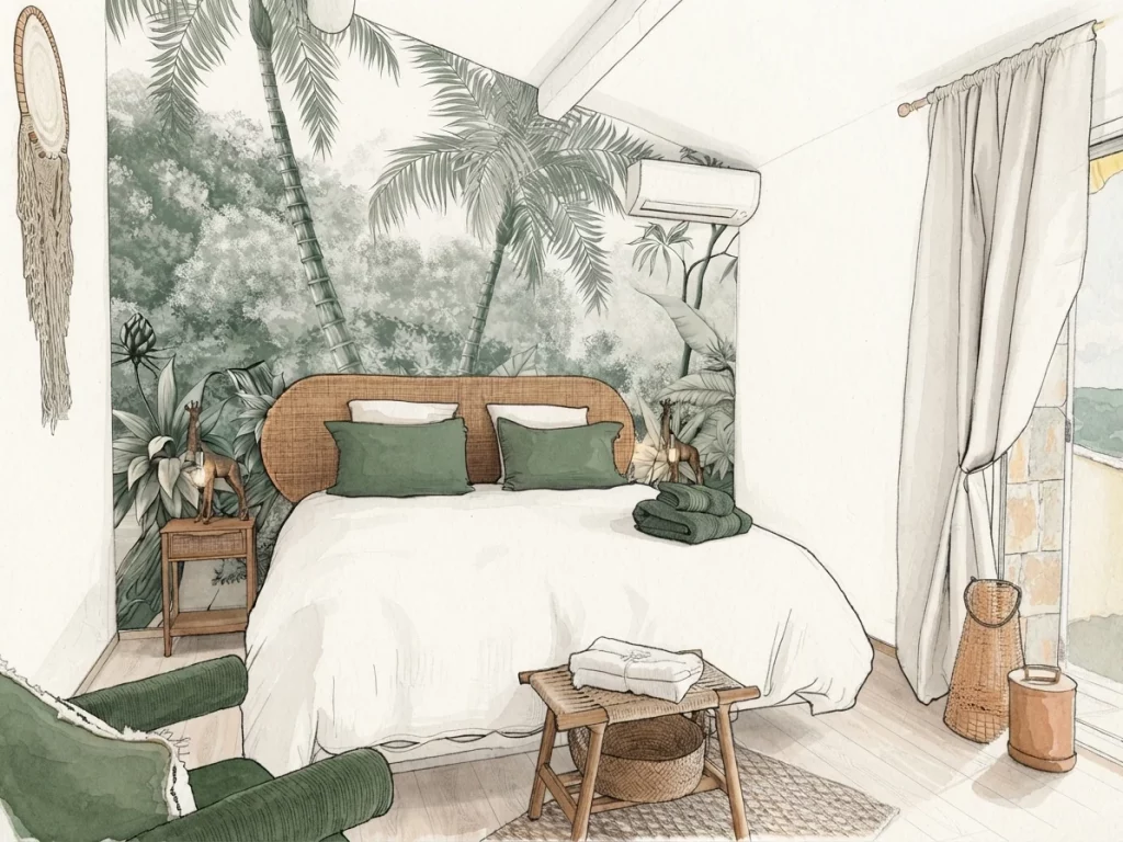 Aquarelle : Chambre d'amis décorée avec soin à la Villa Plen Souleù, location de luxe à Cabris, avec vue sur la baie de Cannes.