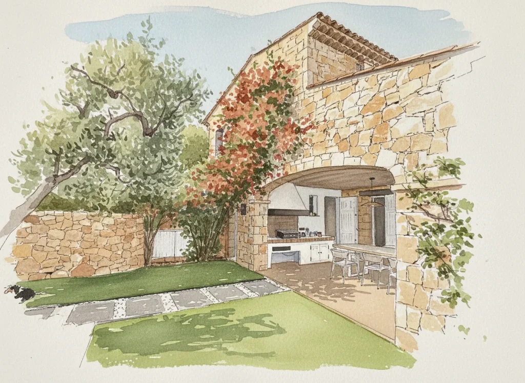 Aquarelle : La cuisine d'été sous la façade de pierre, fleurie de bougainvilliers