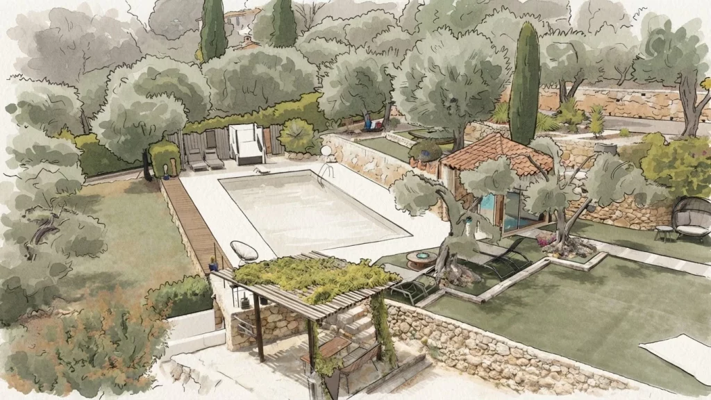 Aquarelle : Vue aérienne de la piscine et du jardin d'oliviers centenaires de la Villa Plen Souleù à Cabris.