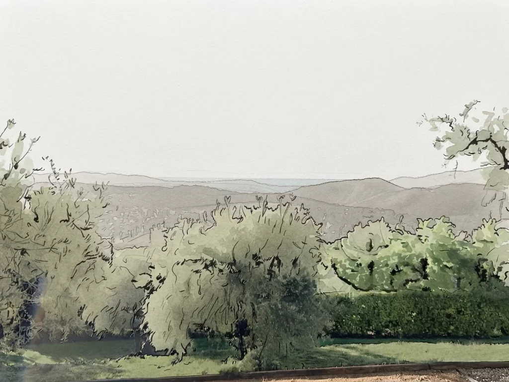 Aquarelle : Vue panoramique sur la baie de Cannes depuis le jardin d'oliviers de la Villa Plen Souleù à Cabris.