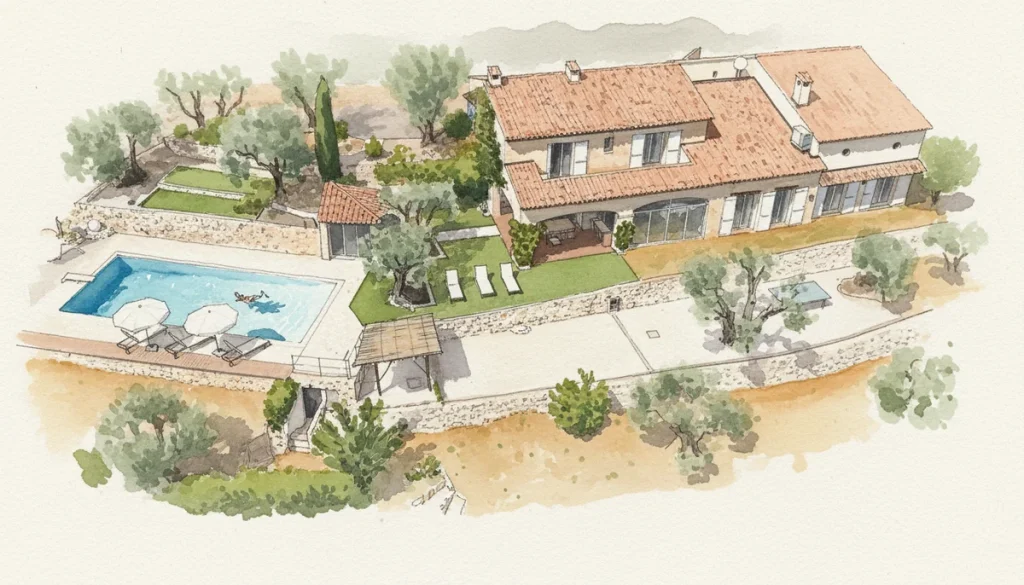 Aquarelle : Le domaine vu du ciel : la maison, la piscine et les terrasses d’oliviers