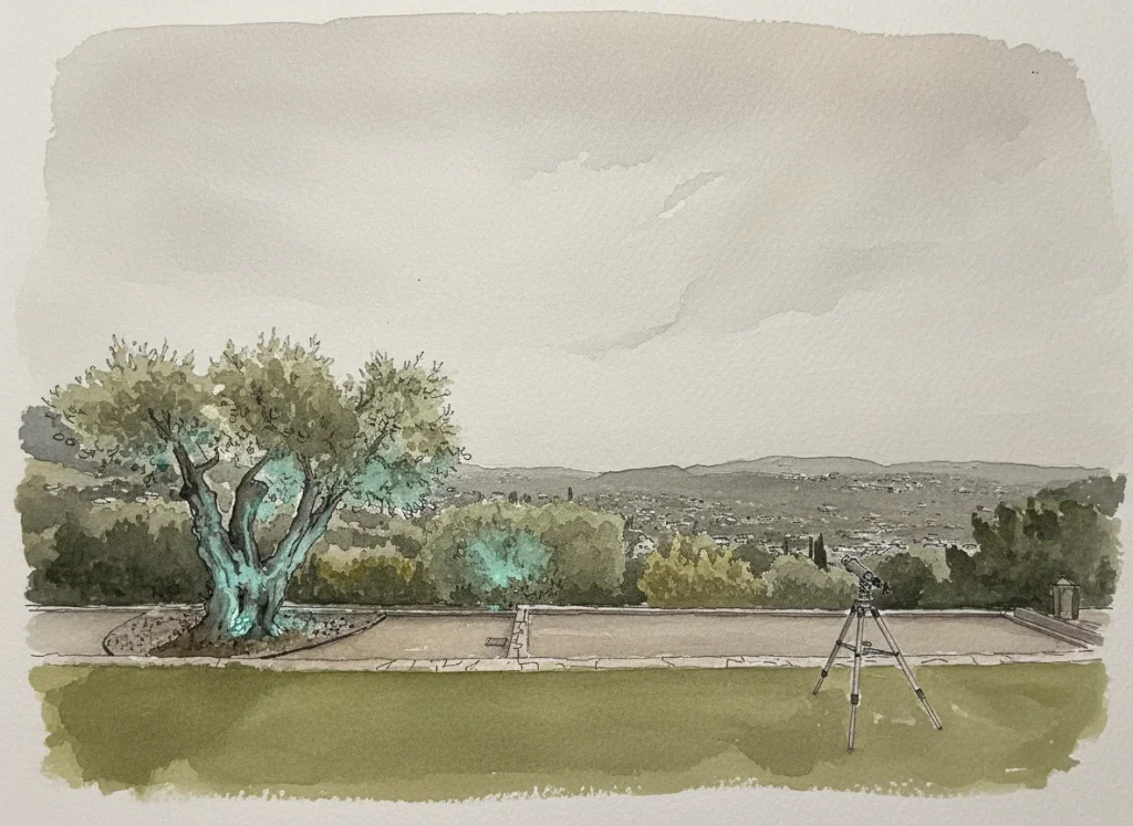 Aquarelle : Le jardin au soir, les lumières de la vallée à l'horizon