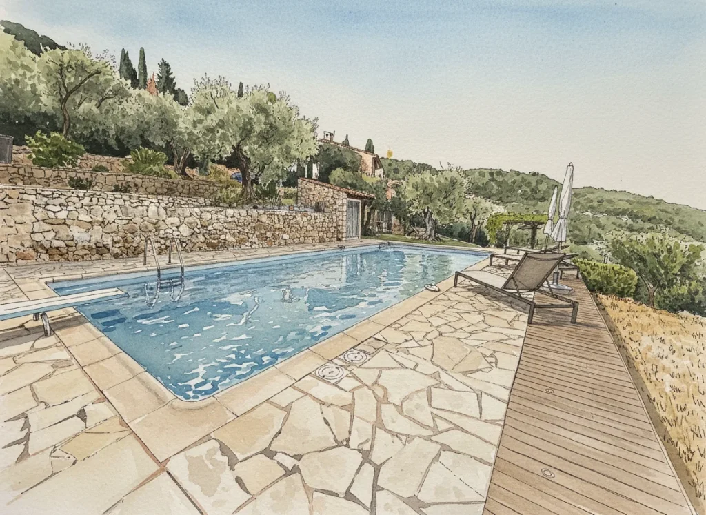 Aquarelle : La piscine et son parasol, la vallée en contrebas